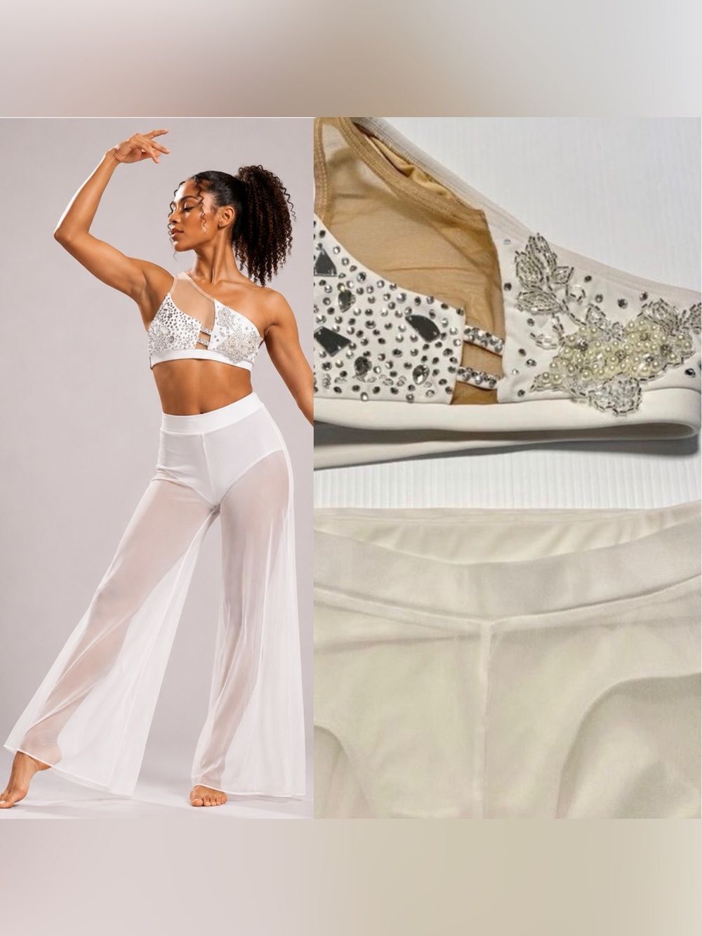 AA dance competition, contemporary costume 2 piece white wide leg XSA adult LC